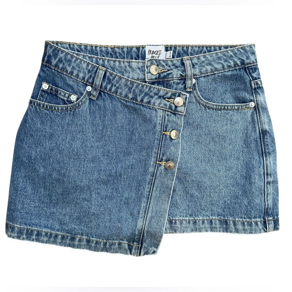 Princess Polly Asymmetrical Denim Mini Skirt Size 4 Button Front Y2K